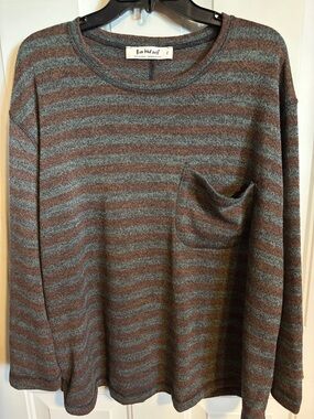 Three birds nest Brown and Blue Striped Crewneck Sweater with Pocket
